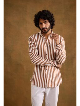 neopalms - Men Collar Neck Stripes Multi-Color Linen Blend Casual Shirt