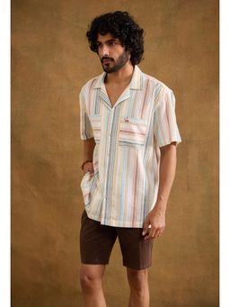 neopalms - Men Notched Lapel Stripes Multi-Color Linen Blend Casual Shirt