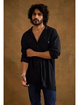 neopalms - Men Notched Lapel Solid Black Linen Blend Casual Shirt