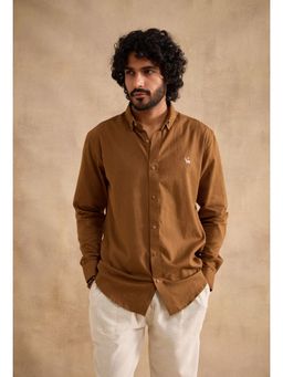 neopalms - Men Collar Neck Solid Brown Linen Blend Casual Shirt