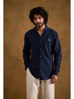 neopalms - Men Collar Neck Solid Blue Linen Blend Casual Shirt