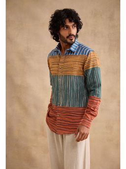 neopalms - Men Collar Neck Stripes Multi-Color Linen Blend Casual Shirt