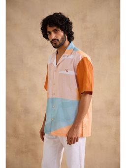 neopalms - Men Notched Lapel Abstract Multi-Color Linen Blend Casual Shirt