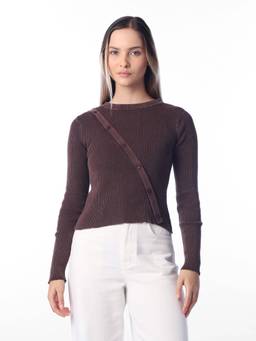 ONLY - Women's Brown Ribbed Pullover Sweater