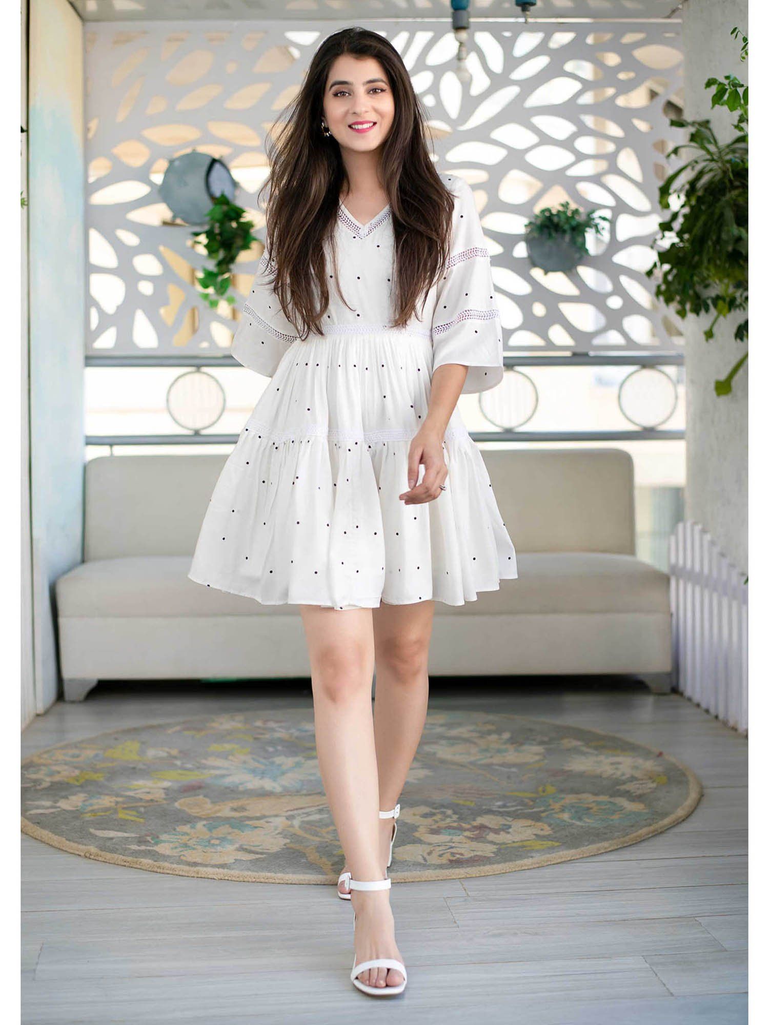 White Polka Dot Ruffle Fit And Flare Short Dress-picture-13