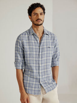 Andamen - Men Blue Checks Slim Fit Collar Neck Linen Casual Shirt