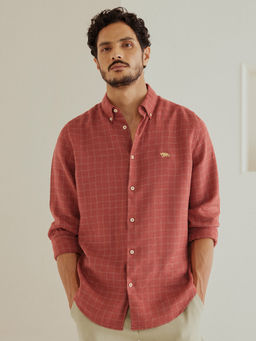 Andamen - Men Red Checks Slim Fit Collar Neck Linen Casual Shirt