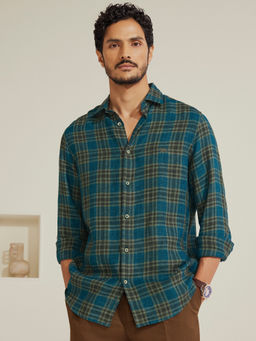 Andamen - Men Blue Checks Regular Fit Collar Neck Linen Casual Shirt
