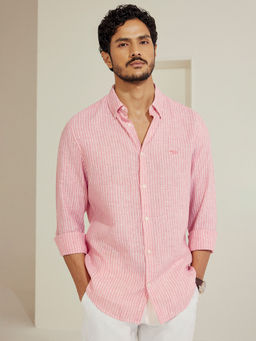Andamen - Men Pink Stripes Slim Fit Collar Neck Linen Casual Shirt