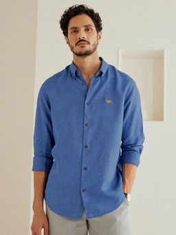 Andamen - Men Blue Solid Regular Fit Collar Neck Linen Casual Shirt