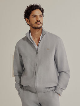 Andamen - Men Grey Solid Regular Fit High Neck Linen Bomber Jacket