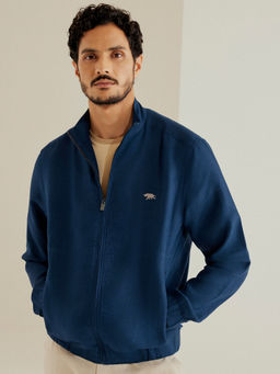 Andamen - Men Navy Blue Solid Regular Fit High Neck Linen Bomber Jacket