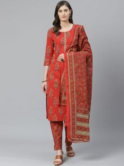 Vaamsi - Women Red Ethnic Motifs Printed Polyester Kurta Trousers with Dupatta (Set of 3)