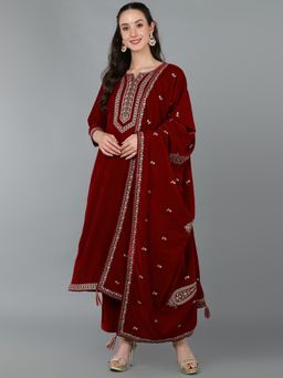 Vaamsi - Women Velvet Yoke Design Kurta Trousers with Dupatta (Set of 3)