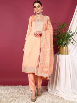 Vaamsi - Women Peach Silk Blend Embroidered Straight Kurta Trousers with Dupatta (Set of 3)
