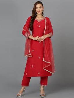 Vaamsi - Women Red Silk Blend Straight Kurta Pants with Dupatta (Set of 3)