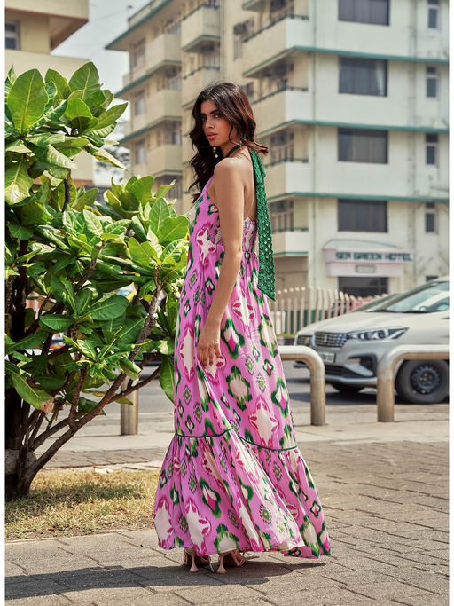 Buy Style Junkiie Cheeky Pink Ikat Halter Maxi Dress Online