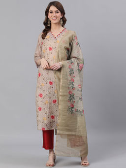 Jaipur Kurti - Women Beige Printed Kurta With Red Trousers Dupatta (set Of 3)