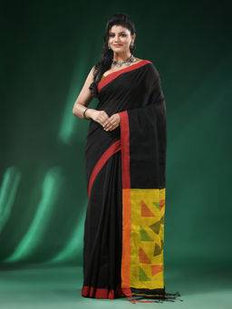 Angoshobha - Black Border Blended Cotton Bengal Hanloom Saree with Unstitched Blouse