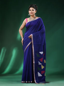 Angoshobha - Blue Body Conjoined Triangle Motifs Border Blend Cotton Handloom Saree with Unstitched Blouse