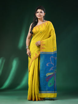 Angoshobha - Yellow Body Temple Border Peacock Cotton Bengal Handloom Saree with Unstitched Blouse