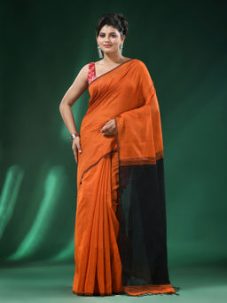 Angoshobha - Orange Body Ribbon Border Blended Cotton Bengal Handloom Saree with Unstitched Blouse