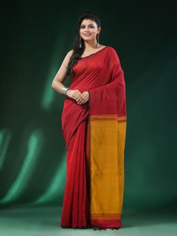 Angoshobha - Red Body Ribbon Border Blended Cotton Bengal Handloom Saree with Unstitched Blouse