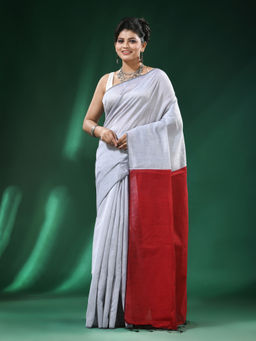 Angoshobha - Grey Border Ribbon Border Blended Cotton Bengal Handloom Saree with Unstitched Blouse