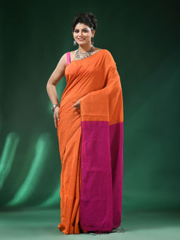Angoshobha - Orange Border Ribbon Border Blended Cotton Bengal Handloom Saree with Unstitched Blouse