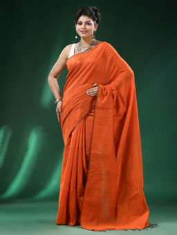 Angoshobha - Orange Plain Silver Body Ribbon Border Blended Cotton Handloom Saree with Unstitched Blouse