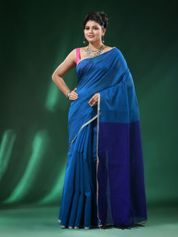 Angoshobha - Blue Body Cream Border Blended Cotton Saree with Unstitched Blouse