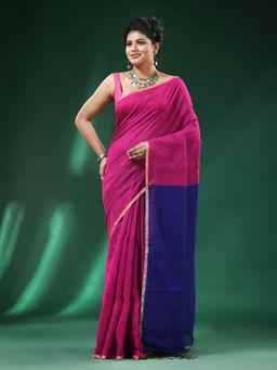 Angoshobha - Pink Body Cream Border Blended Cotton Saree with Unstitched Blouse