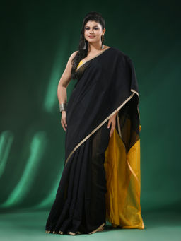 Angoshobha - Yellow & Black Body Cream Border Blended Cotton Saree with Unstitched Blouse