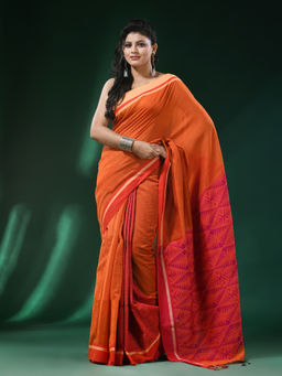 Angoshobha - Orange Body Pallu Added Cream Border Blended Saree with Unstitched Blouse