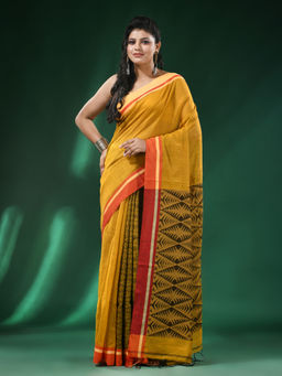 Angoshobha - Mustard Body Pallu Added Cream Border Saree with Unstitched Blouse