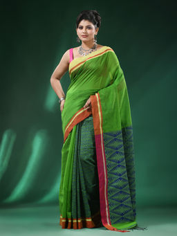 Angoshobha - Green Body Intricate Design Pallu Added Cream Border Cotton Blended Saree with Unstitched Blouse