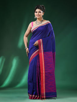 Angoshobha - Blue Body Intricate Design Pallu Added Cream Border Cotton Blended Saree with Unstitched Blouse