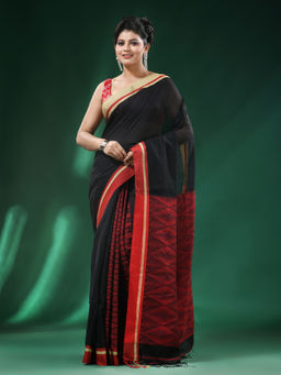 Angoshobha - Black Body Intricate Design Pallu Added Cream Border Cotton Blended Saree with Unstitched Blouse