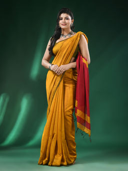 Angoshobha - Mustard Body Black Ribbon Border Blended Cotton Saree with Unstitched Blouse