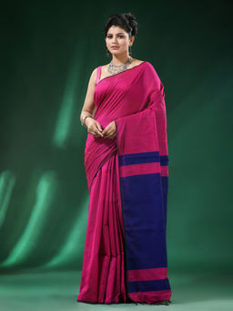 Angoshobha - Pink Body Black Ribbon Border Blended Cotton Saree with Unstitched Blouse