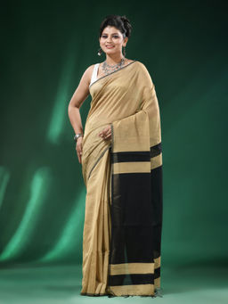 Angoshobha - Beige Body Black Ribbon Border Blended Cotton Saree with Unstitched Blouse