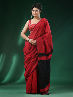 Angoshobha - Red Body Black Ribbon Border Blended Cotton Saree with Unstitched Blouse