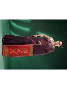Angoshobha - Burgundy Body Attached Border Cotton Blended Handloom Saree with Unstitched Blouse