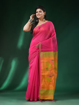 Angoshobha - Pink Body Attached Border Cotton Blended Handloom Saree with Unstitched Blouse