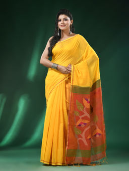 Angoshobha - Yellow Body Attached Border Cotton Blended Handloom Saree with Unstitched Blouse