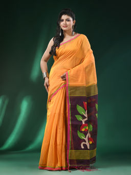 Angoshobha - Orange Body Attached Border Cotton Blended Handloom Saree with Unstitched Blouse