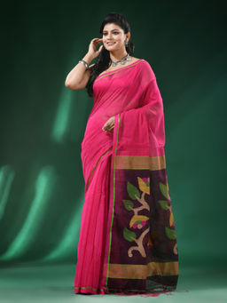 Angoshobha - Light Pink Body Attached Border Cotton Blended Handloom Saree with Unstitched Blouse
