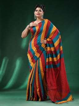 Angoshobha - Multi-Color Body Stripe Blended Cotton Handloom Saree with Unstitched Blouse