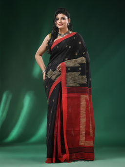 Angoshobha - Black Body Ball Motifs On pallu Border Blended Cotton Handloom Saree with Unstitched Blouse
