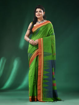 Angoshobha - Green Body Border Blended Cotton Handloom Saree with Unstitched Blouse